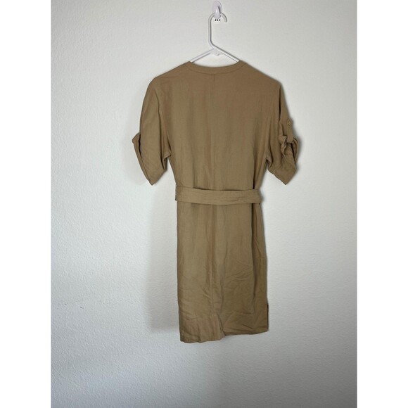 Faconnable Dress Womens XS Beige Belted Utility Shirt Linen Blend Pockets Safari - Picture 3 of 6